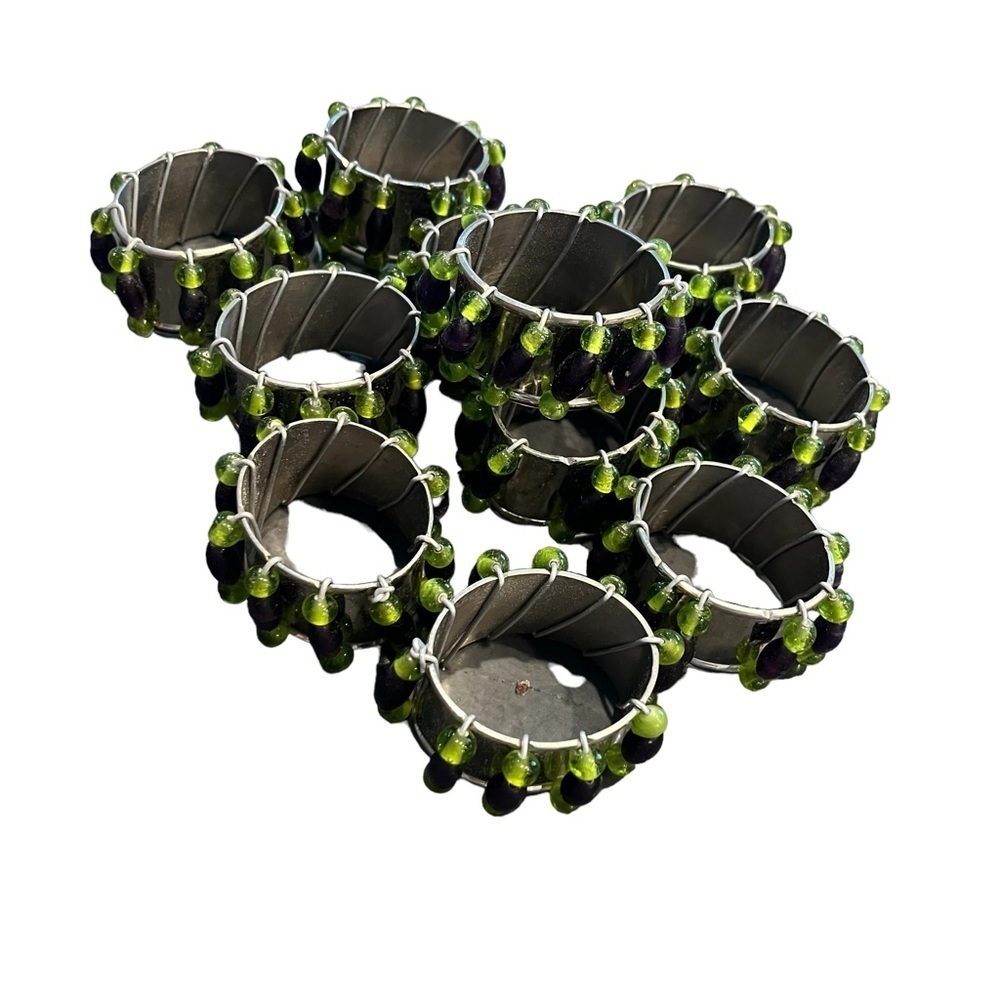 Handmade Purple Green Art Glass Bead Chrome Oval Napkin Rings 11